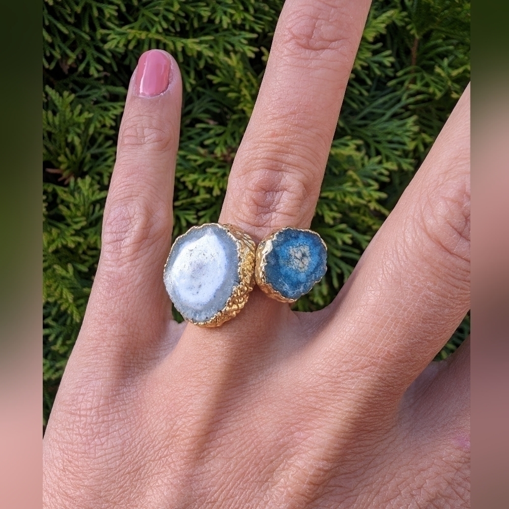 Artisan Handmade In Morocco Adjustable Blue Double Geode Gold Ring Size 8 - Picture 2 of 8